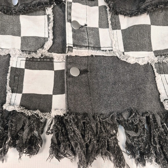 Pol Boutique Brand Wmn Sm. Distressed Patched Fringe Blk Gray Denim Jacket EUC - Picture 13 of 16